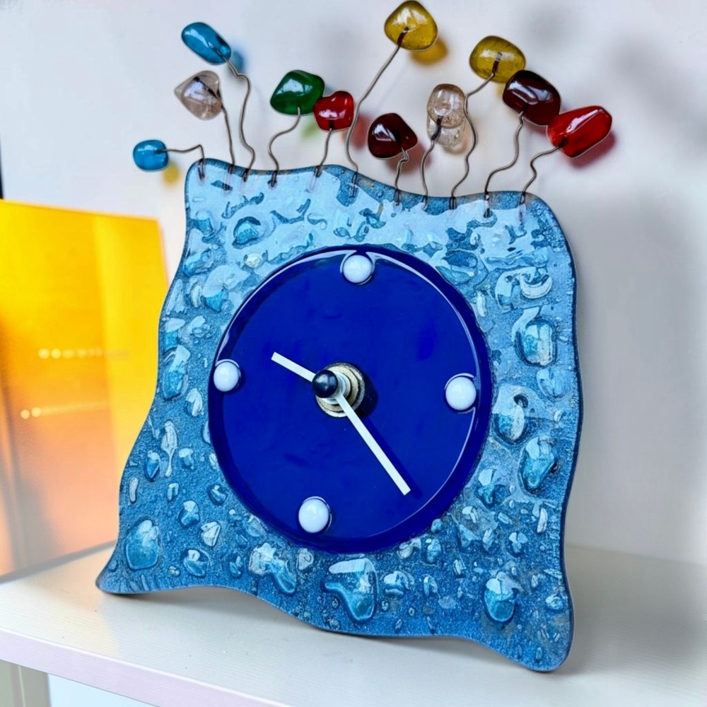 Artisan Postmodern Fused Glass Clock, Cobalt Blue, Textured, Wavy and Colorful
